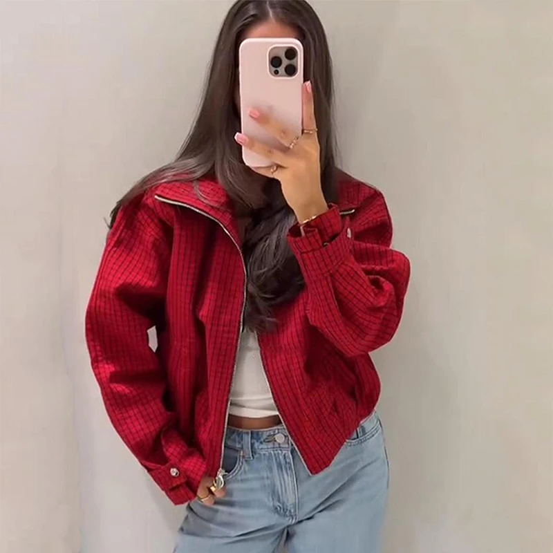 Women's Jacket 2026 New Fashion Autumn Stand Collar Red Pilot Jacket for Women Personality Casual Chic Lady Outerwear