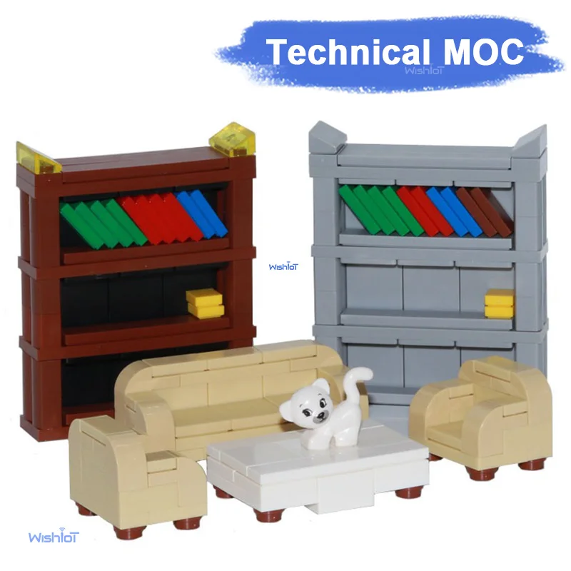 205-個ビルディングブロック-moc-リビングルーム家具セットレンガ-diy-おもちゃ子供のためのクリエイティブライブラリ本棚ソファ家の装飾