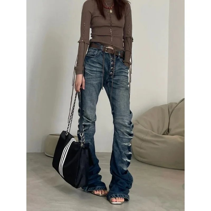 

European and American Retro Washed Ripple Crack Jeans Women's 2024 Spring New Spice Girl Design Sense Niche Mopping Pants