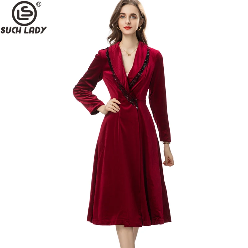 

Women's Runway Dresses Turn Down Collar Long Sleeves Beaded Sash Belt Fashion Velvet Dress Outerwear Trench