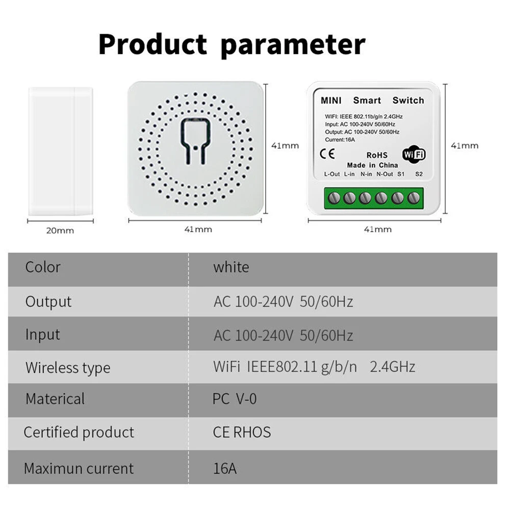 WiFi Mini Tuya Smart Switch 16A DIY Light Switches 2 Way Wireless Control Smart Home with Smart Life Alexa Alice Google Home