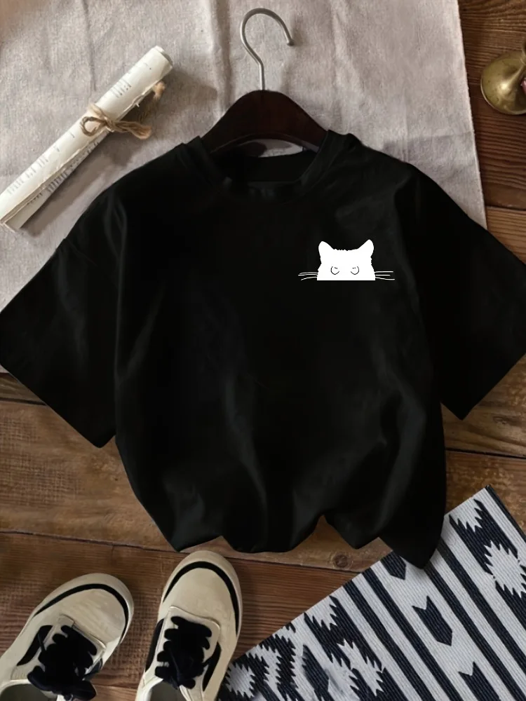 

Новая удобная и модная женская футболка с круглым вырезом и принтом черного кота, женская повседневная футболка из чистого хлопка, рубашка в стиле Харадзюку, топ