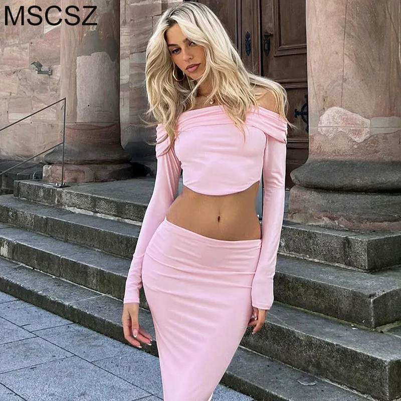 

MSCSZ Elegant Women 2 Piece Set For Women Long Sleeve Crop Top And Long Skirt Sets Sexy Party Festival Outfit Matching Set