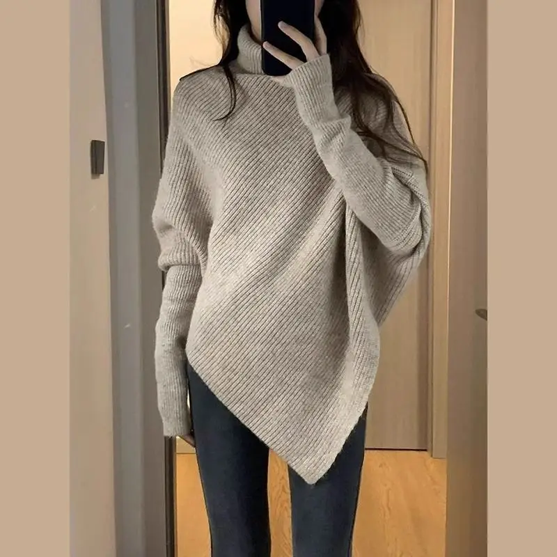 Irregular high neck sweater autumn/winter 2024 Korean version autumn/winter new high-end soft knitted sweater