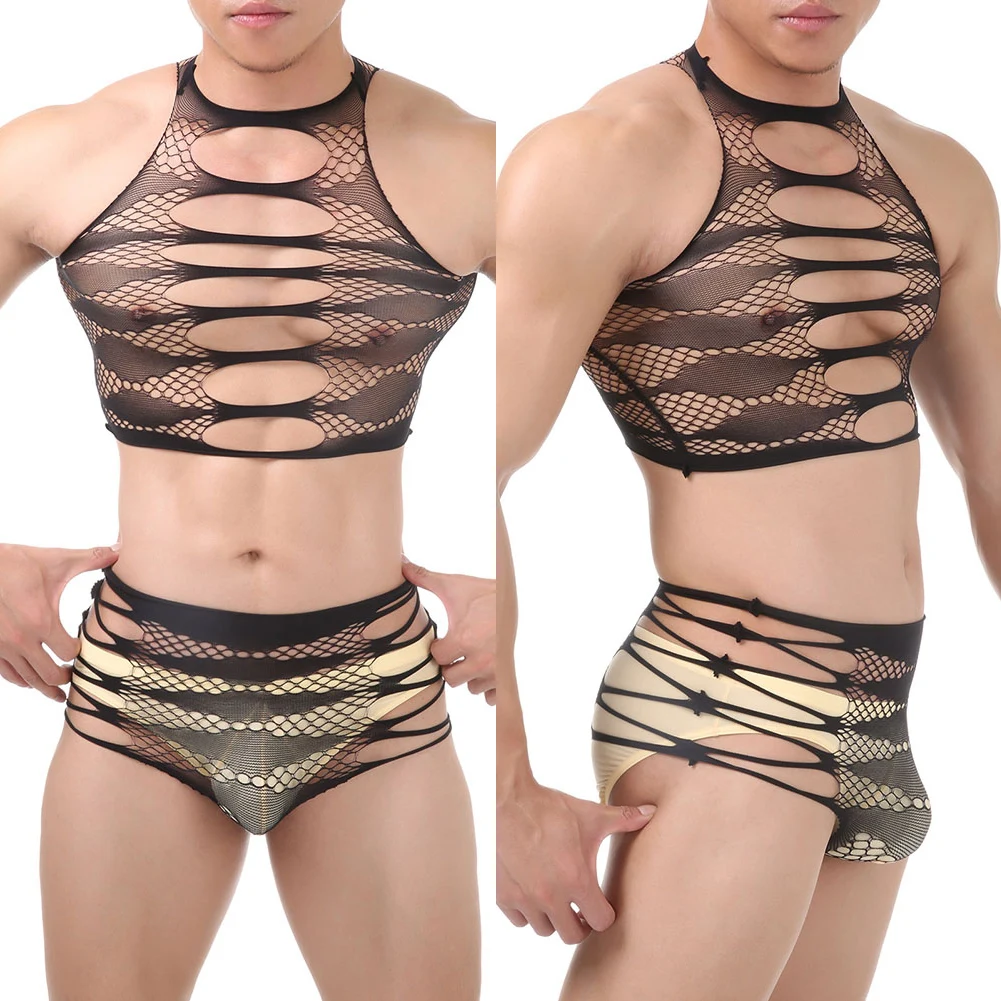 Men's Lace Mesh Underwear Breathable Lace Lingerie Black Fishnet Nightgown Tights Jumpsuits Sexy Bodysuits