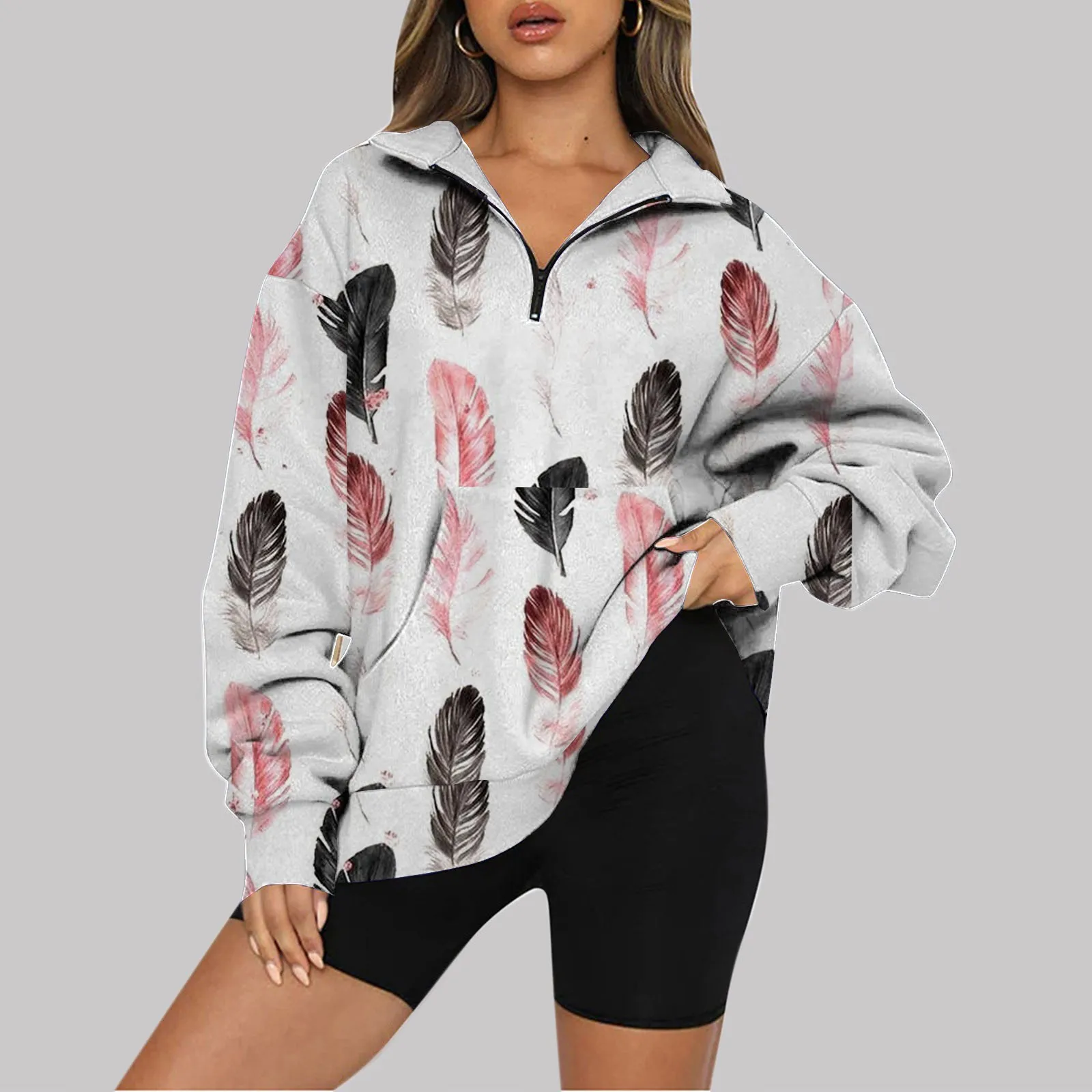 Women's Printed Fashion Casual Pocket Long Sleeved Zippered Collar Sweater