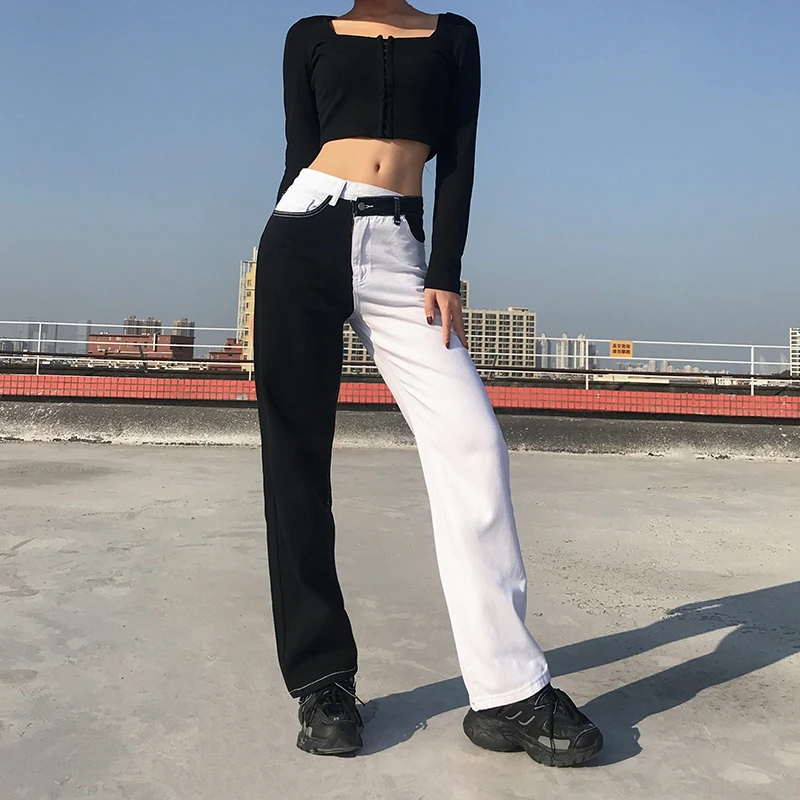 Streetwear Black White Patched Jeans For Girls Female Vogue Nice Women's Denim Pants High Waisted Trouser Harajuku Vogues Hot