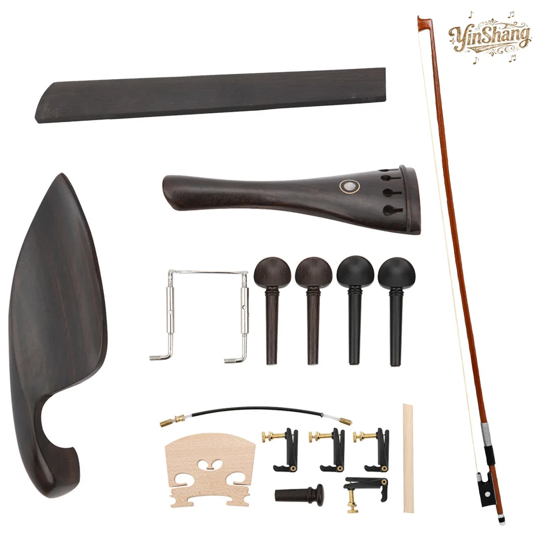 

Violin Set 17 pcs of Ebony Accessories Including Bow, Tailpiece, Chinrest, Fine Tuner, Bridge, Tailpiece, Violin-Specific