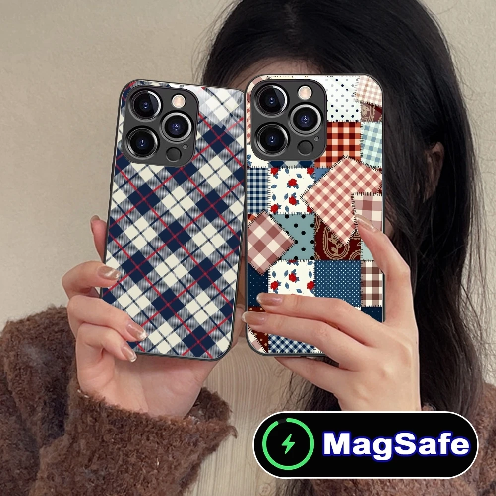 Lattice Grid Texture Mobile Cell Phone Case for iPhone 16 15 14 13 12 11 Pro Max Plus Mini MagSafe Wireless Charging Glass Cover