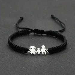 Cute Stainless Steel Family Dad Mom Son Charm Bracelet for Men Women Braided Adjustable Rope Bracelets Lovers Jewelry Gift