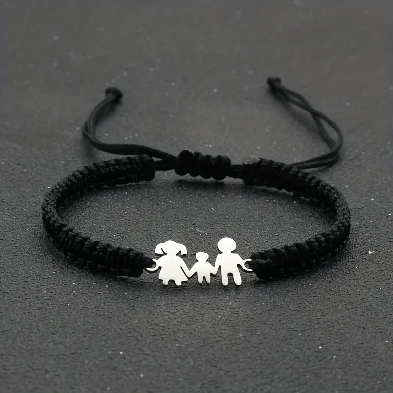 Cute Stainless Steel Family Dad Mom Son Charm Bracelet for Men Women Braided Adjustable Rope Bracelets Lovers Jewelry Gift