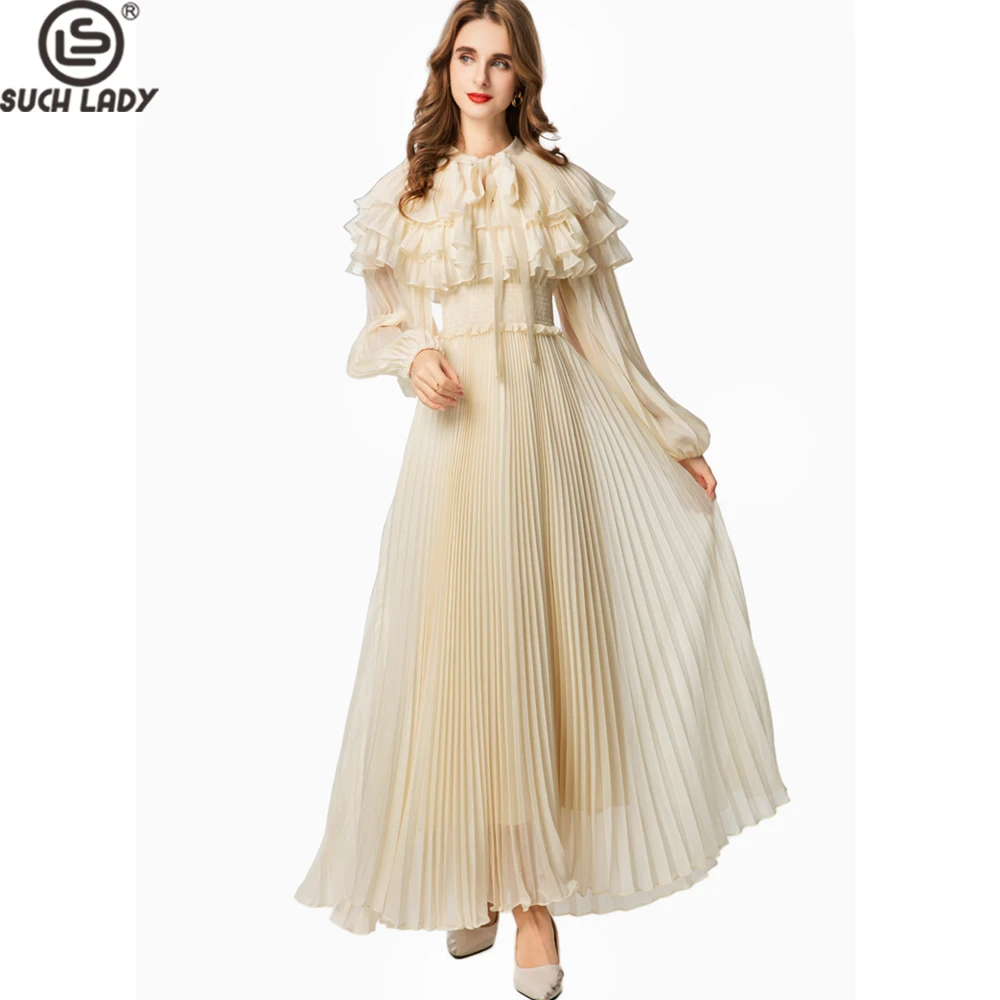 

Pleated Maxi Dress with Ruffle Collar & Long Puff Sleeves for Women - Perfect for Weddings, Parties & Special Occasions