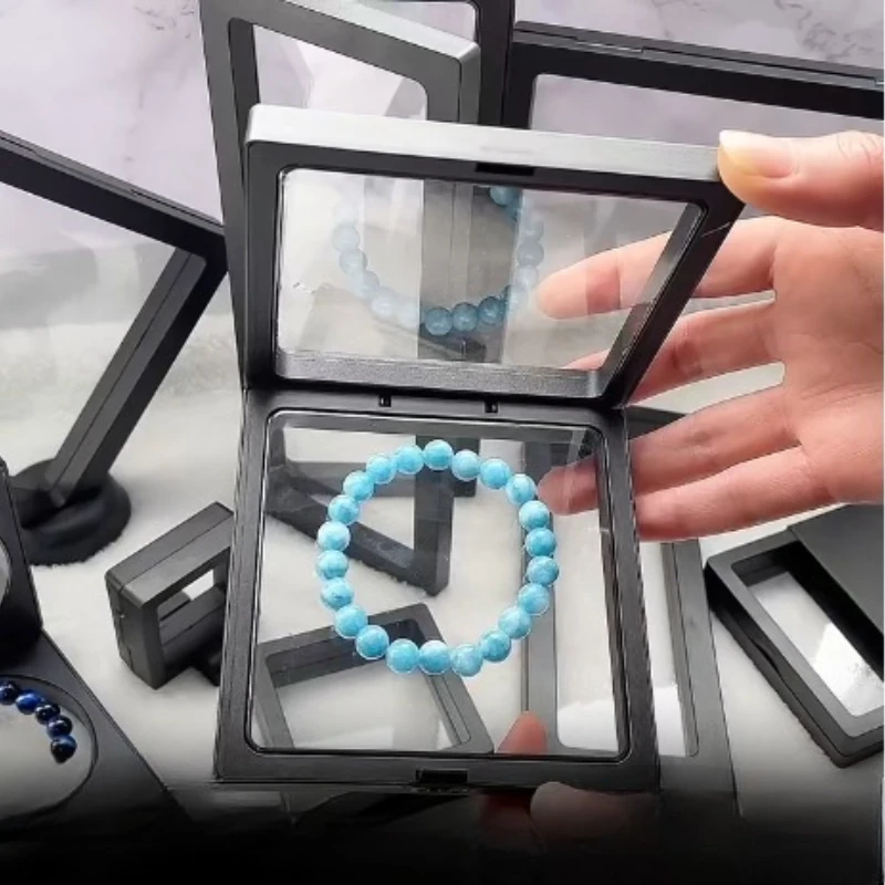 

PE Film Jewelry Storage Box 3D Packaging Case Gemstone Free Stand Floating Frame Membrane Ring Earrings Necklace Display Holders