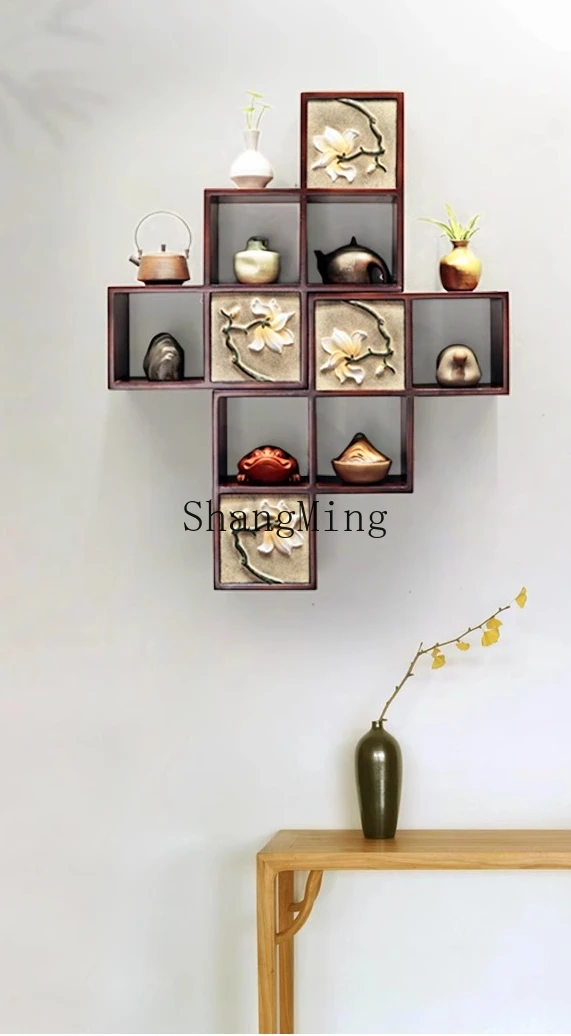 ZYH Chinese solid wood lattice frame tea room entrance creative wall rack storage small lattice