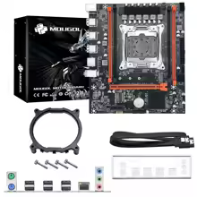 Conteúdo da embalagem do kit Mougol X99 mostrando a placa-mãe, espelho traseiro, suporte de cooler, parafusos e cabo SATA