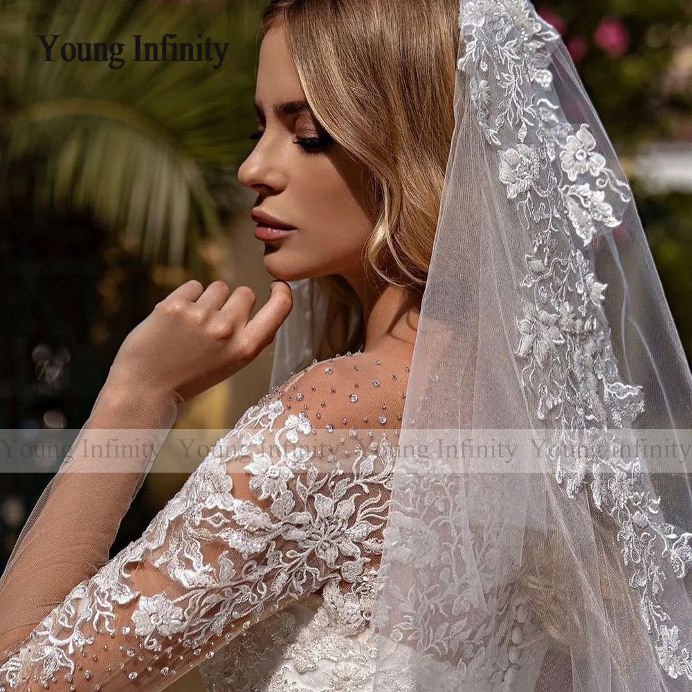 Elegant A Line Long Sleeves Tulle Wedding Dresses 2024 O Neck Beading Crystals Lace Appliques Boho Bridal Gown Vestido De Noiva