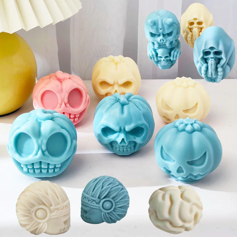 

Ready to Ship,3D Halloween Devil Pumpkin Head Silicone Candle Mold,DIY Indian Style Skull Plaster Making Supplies,Horror Gifts