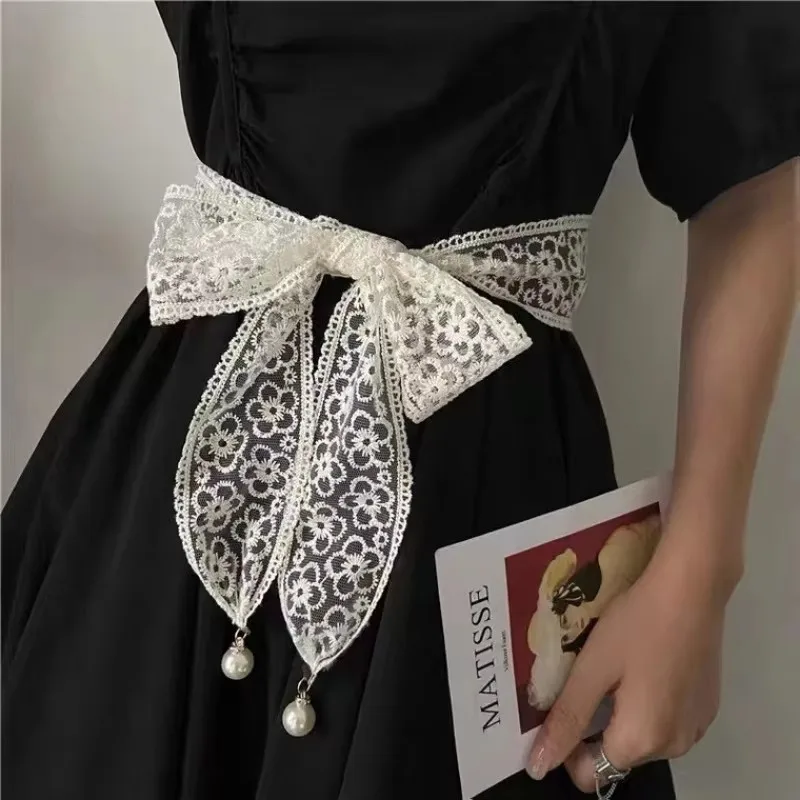 

Элегантный кружевной пояс с жемчужной подвеской, длинная лента-шарф, украшение для юбки, пиджака, поясная цепочка, новинка