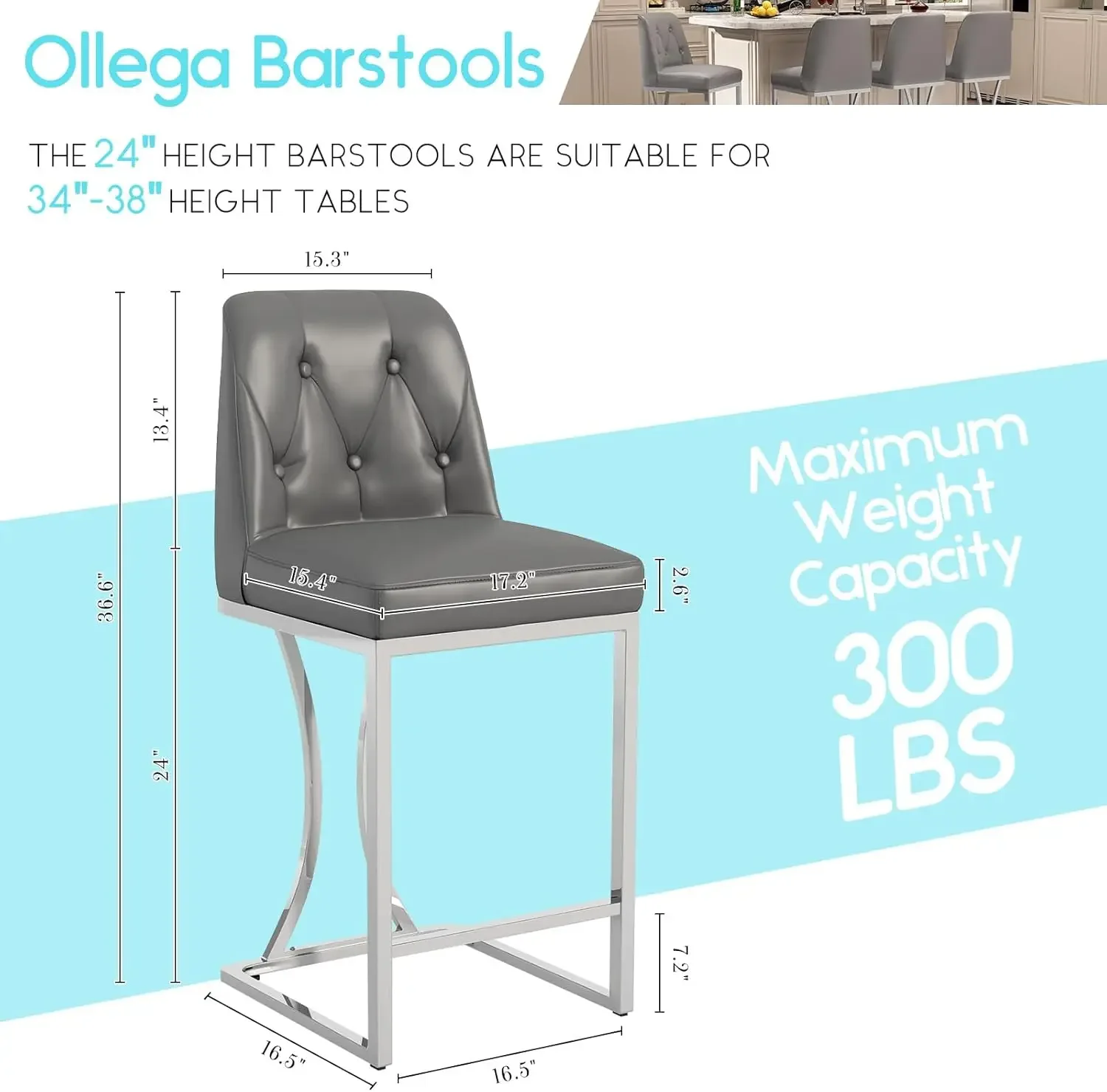 [عرض لفترة محدودة، اشترِ الآن! ]مجموعة مقاعد بارتفاع عداد 24 بوصة مكونة من 4 قطع، مقاعد عداد رمادية مع إطار معدني خلفي وفضي