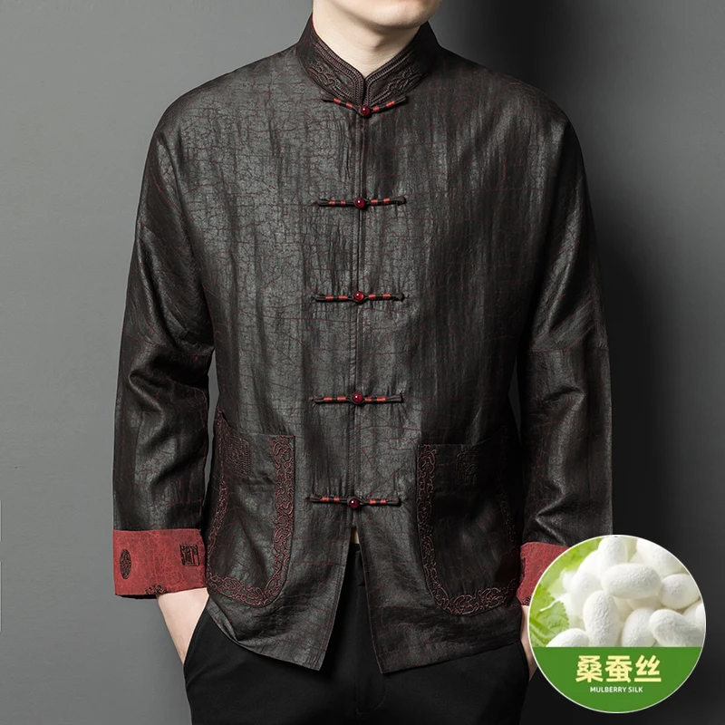 

Silk Gambiered Canton Gauze Dress Men Shirt Long Sleeved Loose Fit Tang Costume Frog Skin-Friendly Comfortable Camisas De Hombre