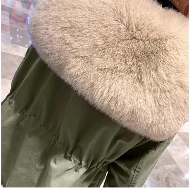 Fur Coat Women Winter Rex Rabbit Fur Liner Detachable Fox Navy Collar Medium to Long Waist Drawstring Slim Pakas Abrigos Mujer