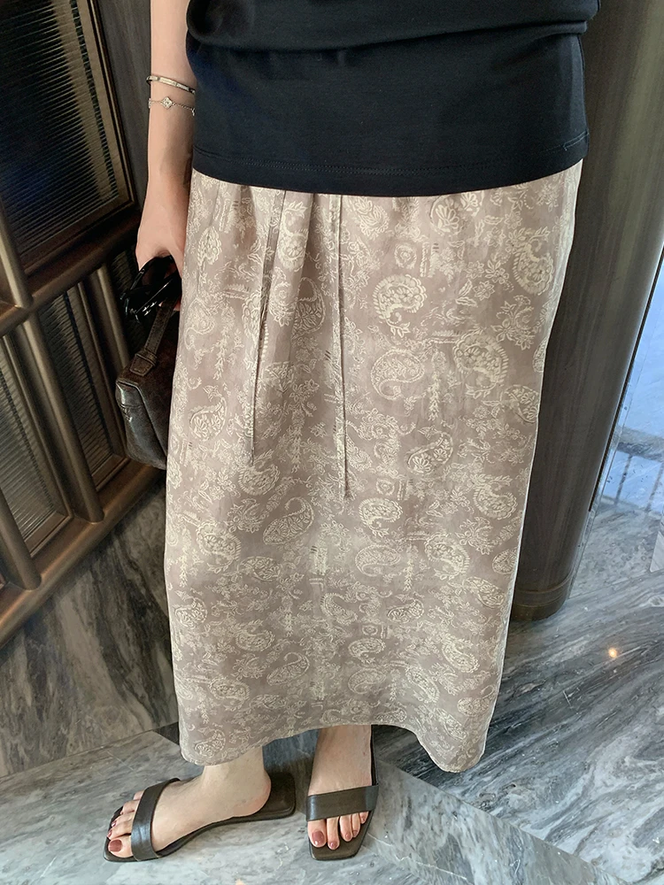 

Винтажная юбка миди с цветочным принтом из медно-аммиачной ткани, А-силуэт, корейский стиль, с завышенной талией