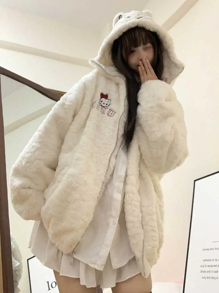 REDDACHIC Cozy Cartoon Cat Hooded Plush Jacket Women Embroidery White Fluffy Winter Coat Zip Up Kawaii Lolita Y2k Casual Outwear