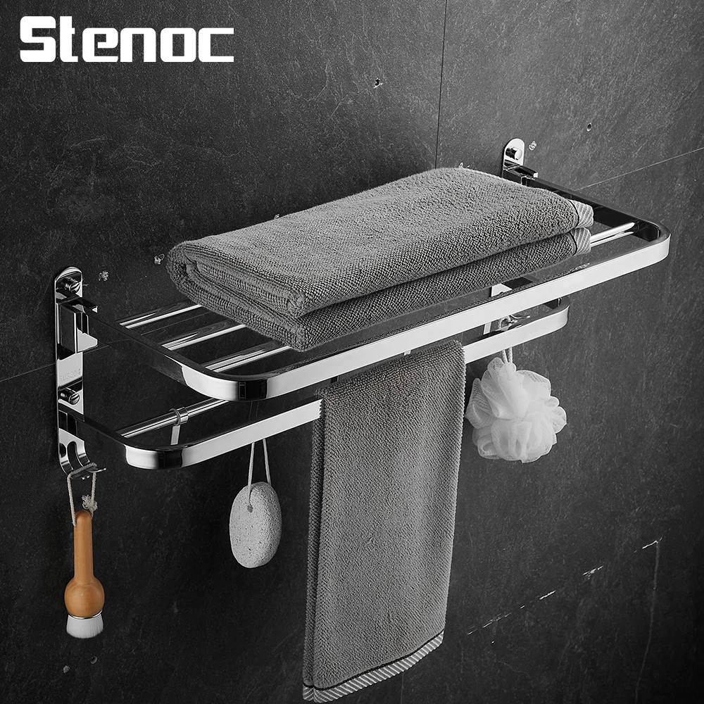 

Storage Rack 304 Stainless Steel Bathroom Towel Rack Wall Mounted Towel Rack 90 Degree Foldable Bathroom Shelf With Movable Hook