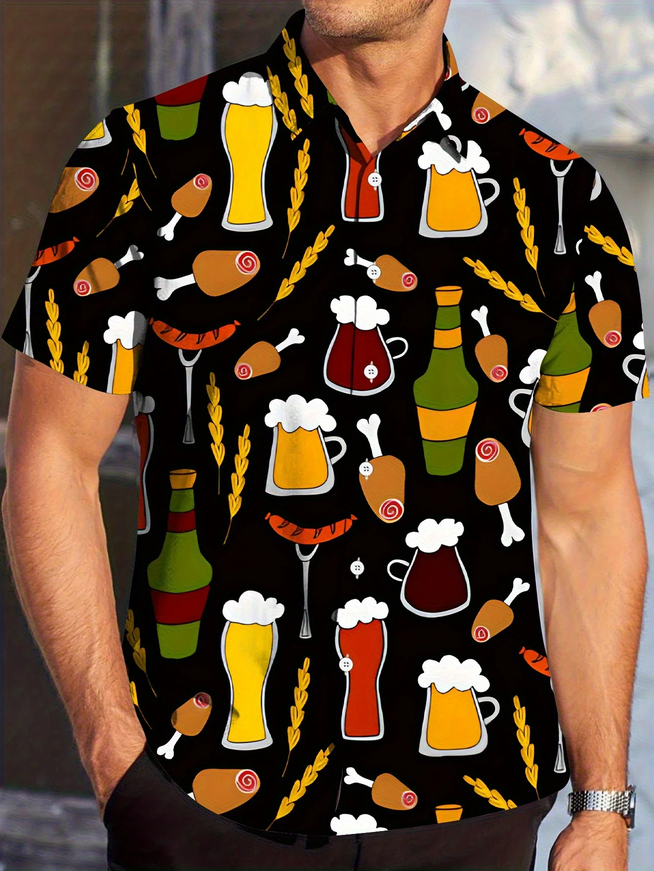 

Men's Lightweight Button-Up Shirt - Black & Pink Gothic Floral for Everyday & Beach Outfits - Machine Washable Casual Shirt