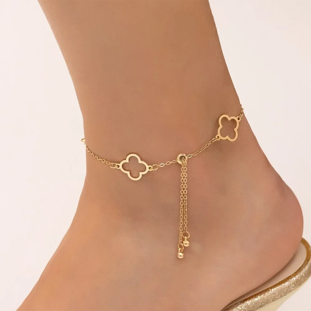 DOTIF Stainless Steel New Hollow Four-Leaf Clover Splicing Anklet Fashion Simple Temperament Elegant Adjustable Foot Jewelry