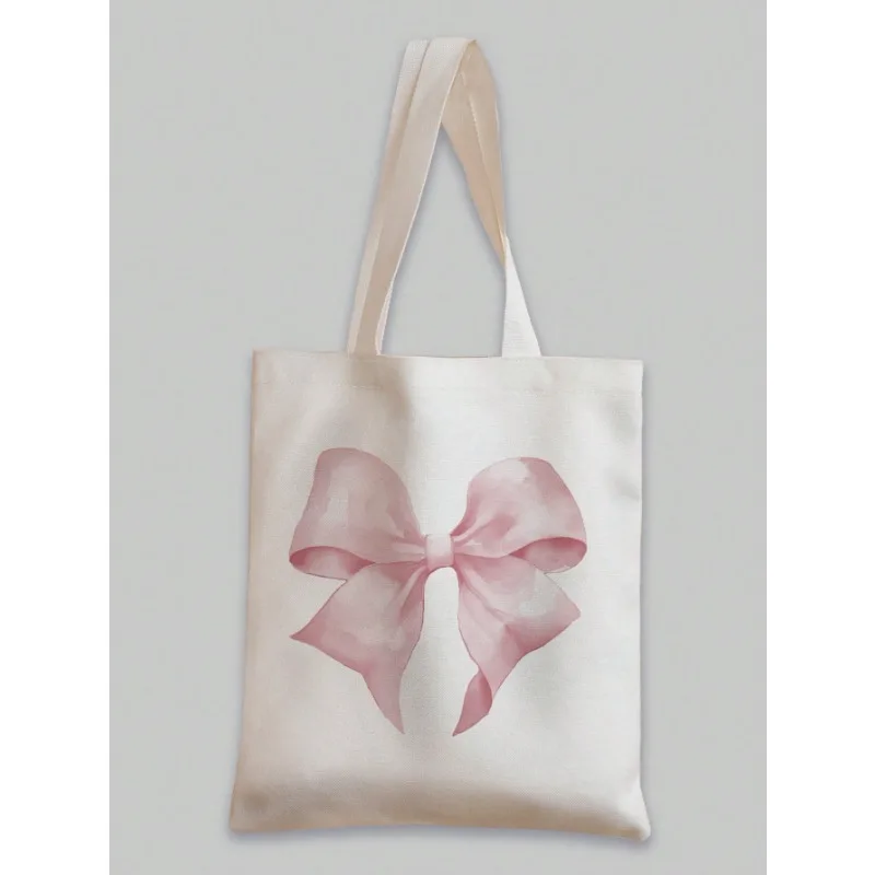 ROMWE Kawaii Bow Pattern Canvas Shoulder Bag Valentines Canvas Handbag Tote for Women Students Work Street Travel Gifts Bags - view 4