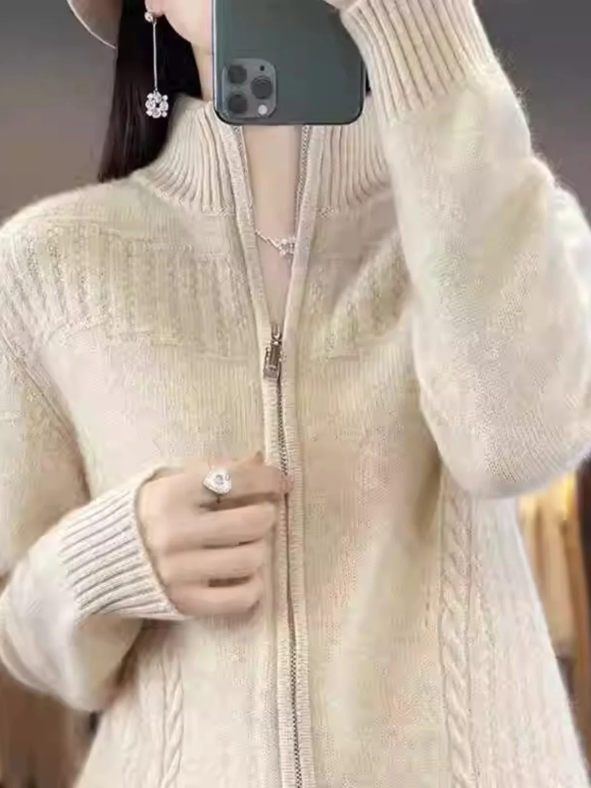 

Autumn Winter Women's Camere Cardigan Sweater Loose Fit Zipper Knitted Woolen Slimming Long Sve f High Collar Coat