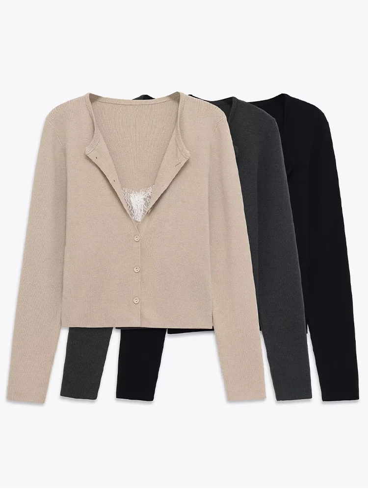 

HH Women Autumn Fashion Solid V-Neck Lace Splicing Decoration Knitted Shirt Female Slim Single-breasted Long Sleeve Coat Top