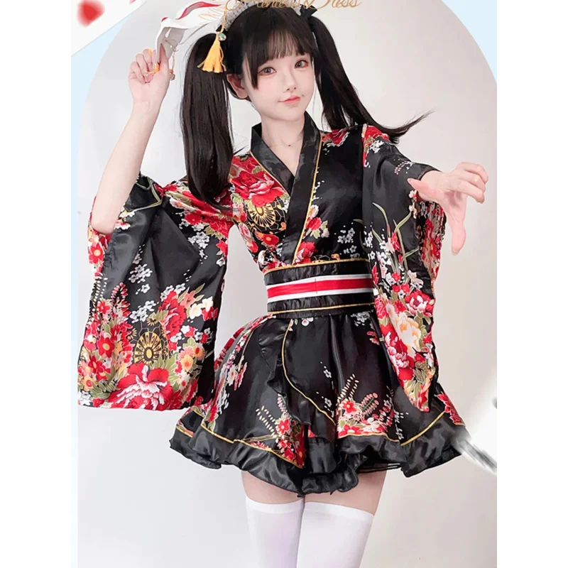 여성 일본 기모노 Raditional Cultural Cosplay Costume 멋진 드레스 게이샤 유카타 가운 꽃 Haori Set Kawaii Lolita Dresses