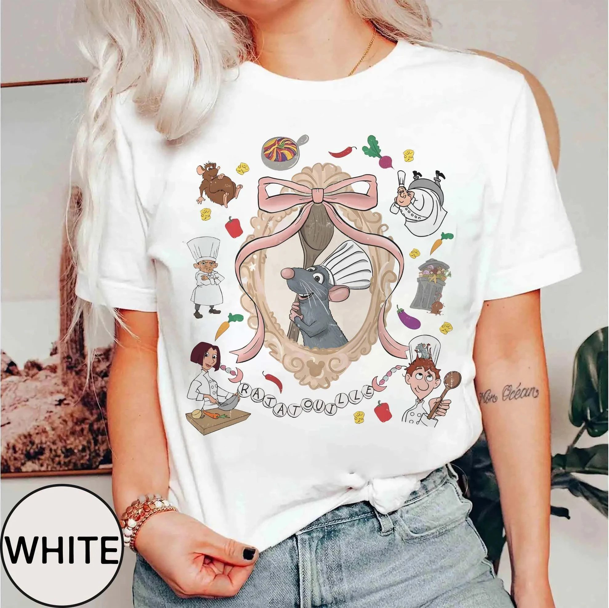 تي شيرت ريترو كوكيت بفيونكة ليتل شيف ريمي كومفورت كولورز ريمي راتاتوي، أي شخص يمكن للطهي، تي شيرت ديزني اللطيف ماوس