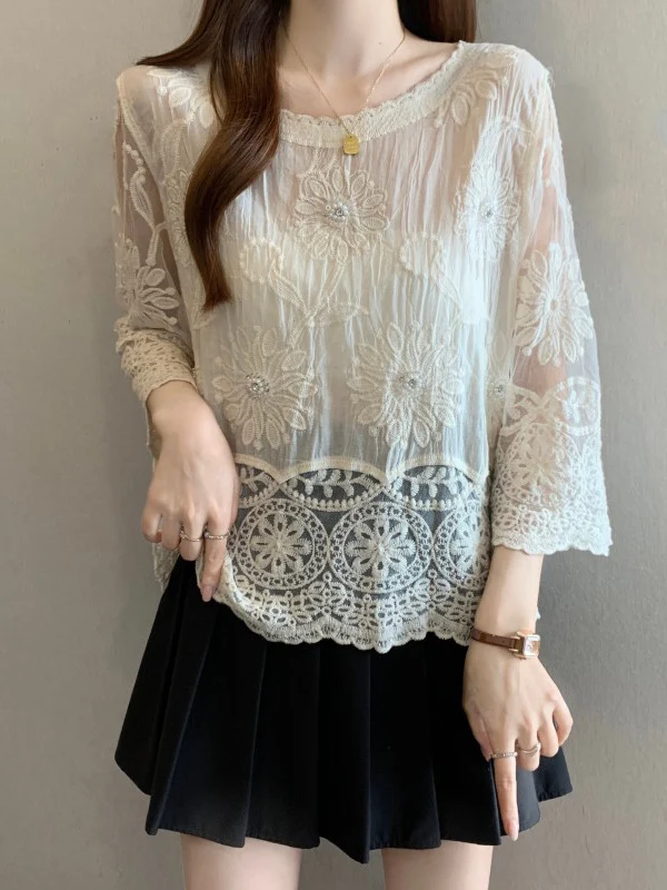 

Embroidered Lace Hook Flower Hollow out Bohemian Style Women's plus Size Summer Spring Fashionable Chiffon Top Micro Plump MM