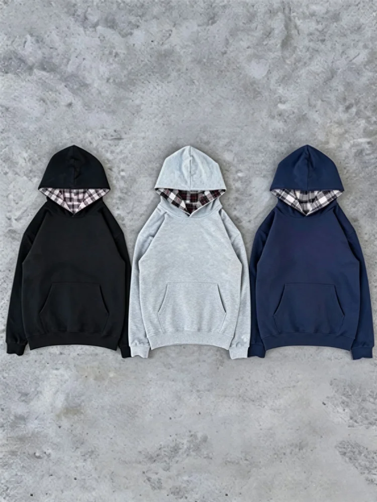 Herbstlicher, ästhetischer GRUGE-Kapuzenpullover mit Gitterfutter und Y2K-Streetstyle, lässiger Alltags-Hoodie für Damen und Herren – Detail 11