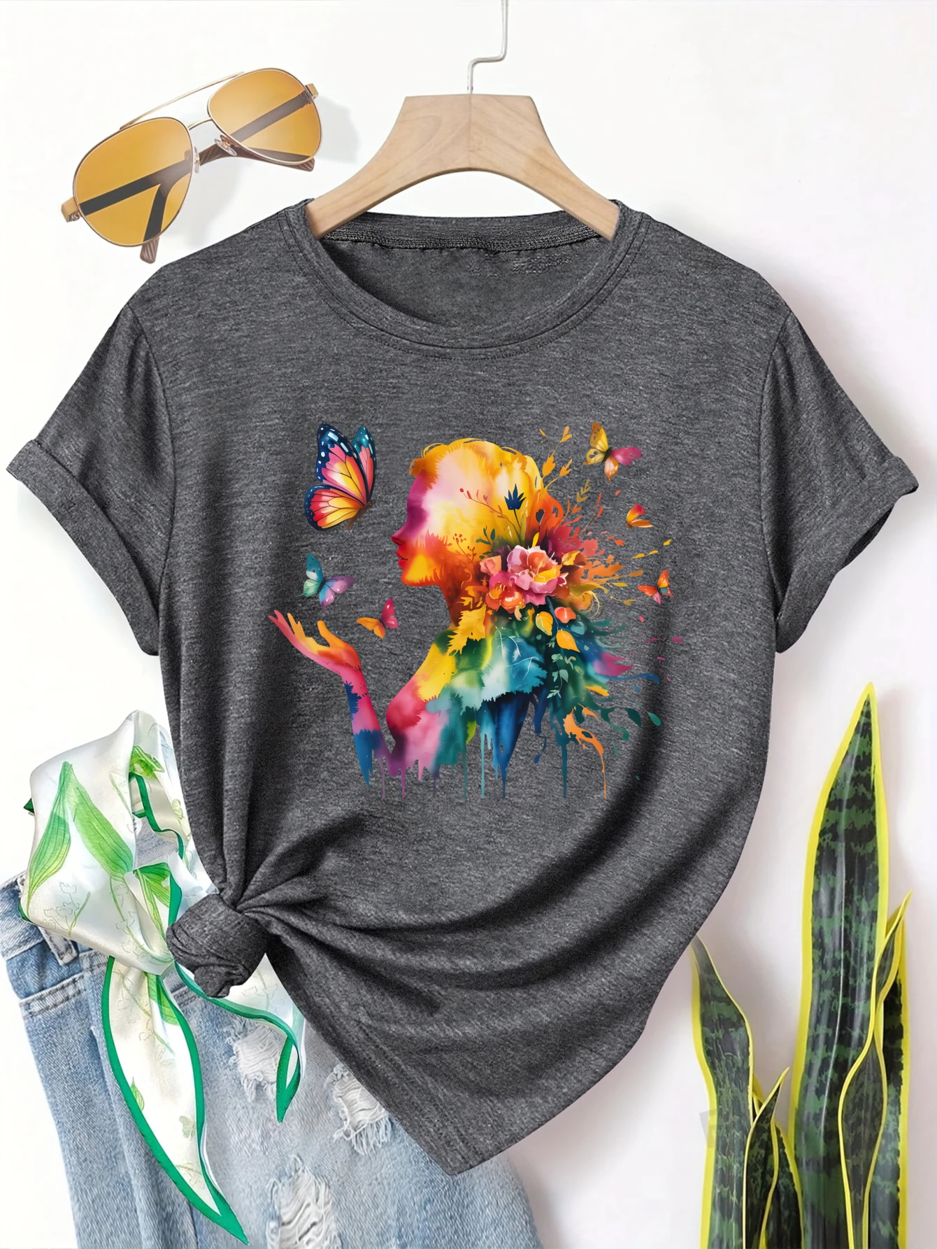 

Plus size women's short sleeve T-shirt Colorful Woman With Butterflies And Flowers breathable fabric summer outfits women's