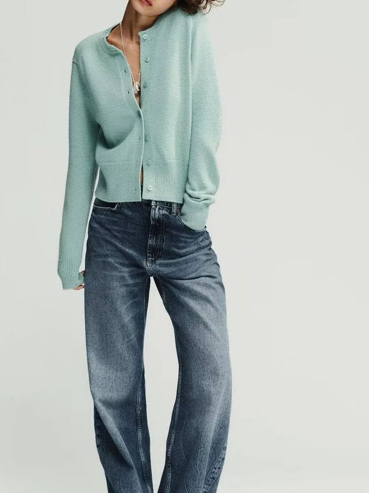 

Осенняя новая модная повседневная женская простая тонкая вязаная куртка в европейском и американском стиле с круглым вырезом и длинными рукавами в рубчик