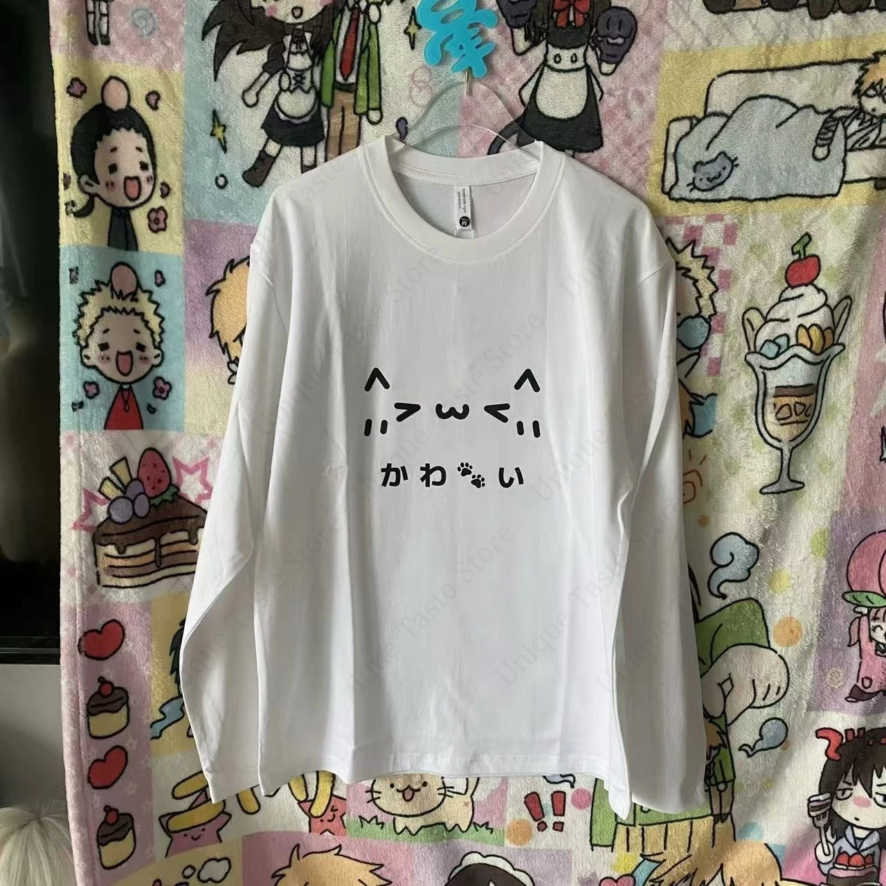‌Kawaii Cat Face Emoticon Long Sleeve T-shirt Japanese かわいい 