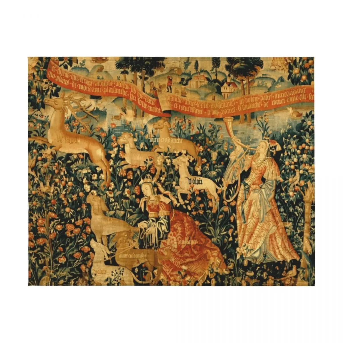 مشهد صيد الغزلان في العصور الوسطى مع السيدات والكلاب العتيقة نسيج رمي بطانية التخييم لبطانيات المعزي رقيقة أريكة #2