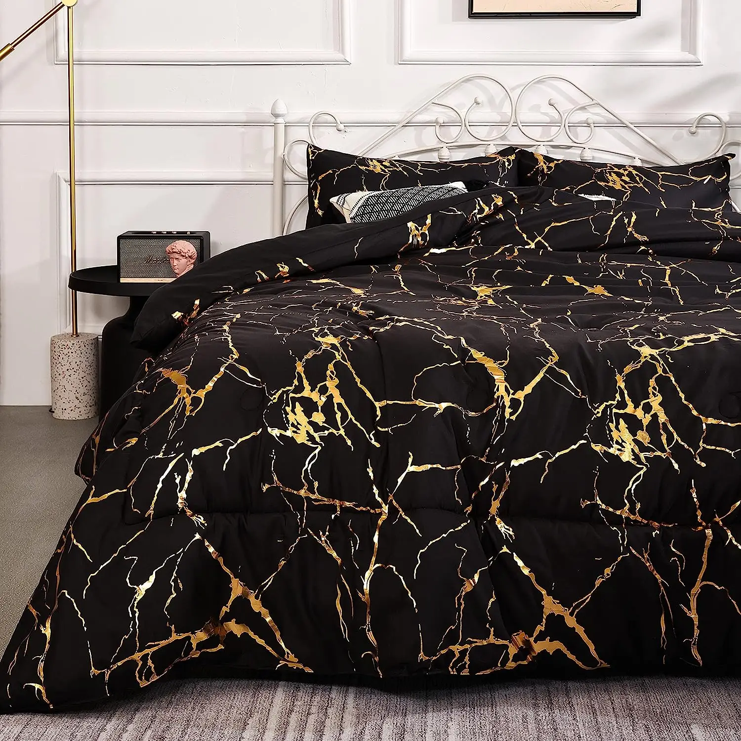 Marble Print Glitter Gold Bedding Deluxe Black Queen Male And Female Bedding 3-Piece Set