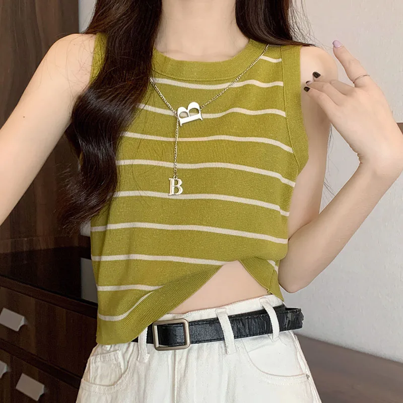 GAODINGLAN Versatile Stripe Print Sleeveless Women Tanks Summer Short Knitted Crop Tops Y2k Women's Cropped Bottom Knitwear