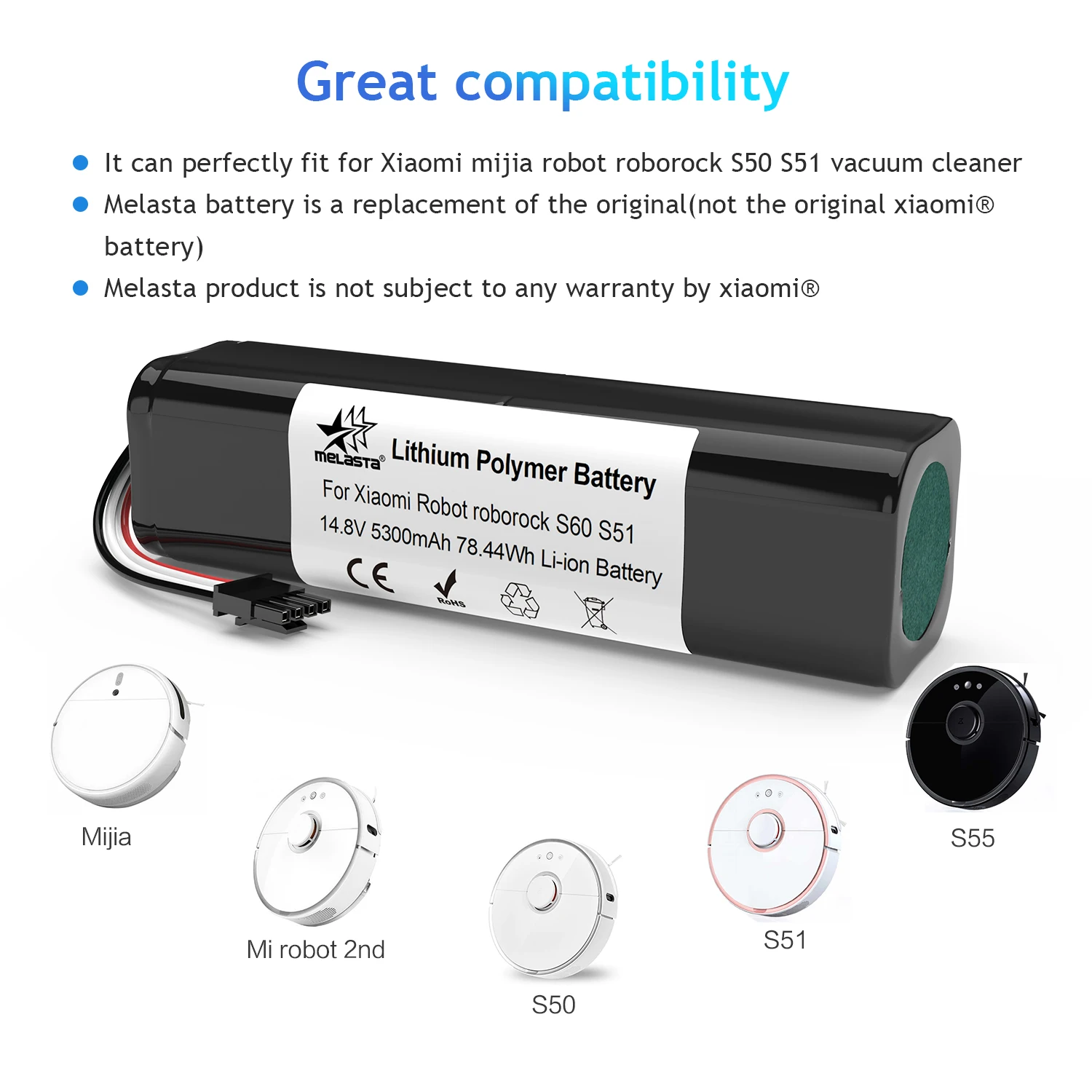 Melasta 14,8 V 5.3Ah литиевая запасная батарея для Mi Robot Mijia 1st и 2nd Roborock S50 S51 S52 S53 T6 робот пылесос