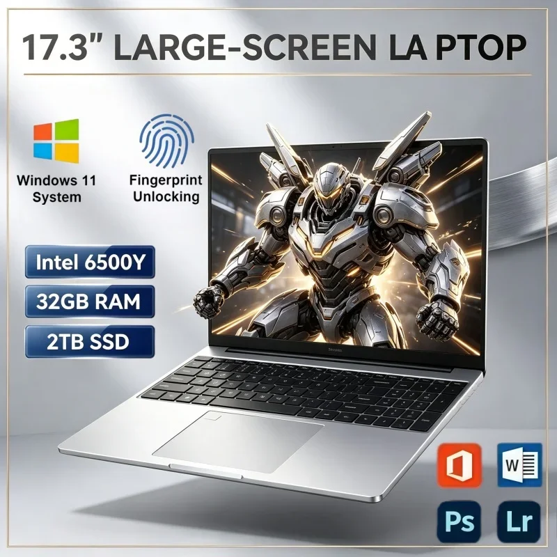 17.3 Inch Large Screen Notebook Intel 6500Y Windows11 32GB RAM 2TB SSD Fingerprint Unlock Laptop For Daily Office & Home Leisure