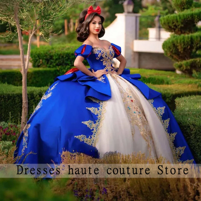 

Princess Quinceanera Dresses with Large Bow Off the Shoulder Appliques Satin Robe Princesse Bleu Femm Customized