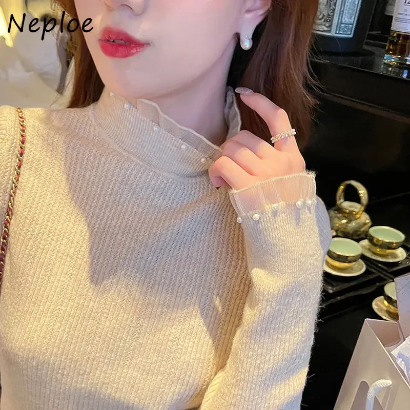 Neploe Y2k Autumn Vintage Turtleneck Jersey Mujer Jumpers Mesh Patchwork Solid Color Pull Femme Beading Long Sleeve Sweaters