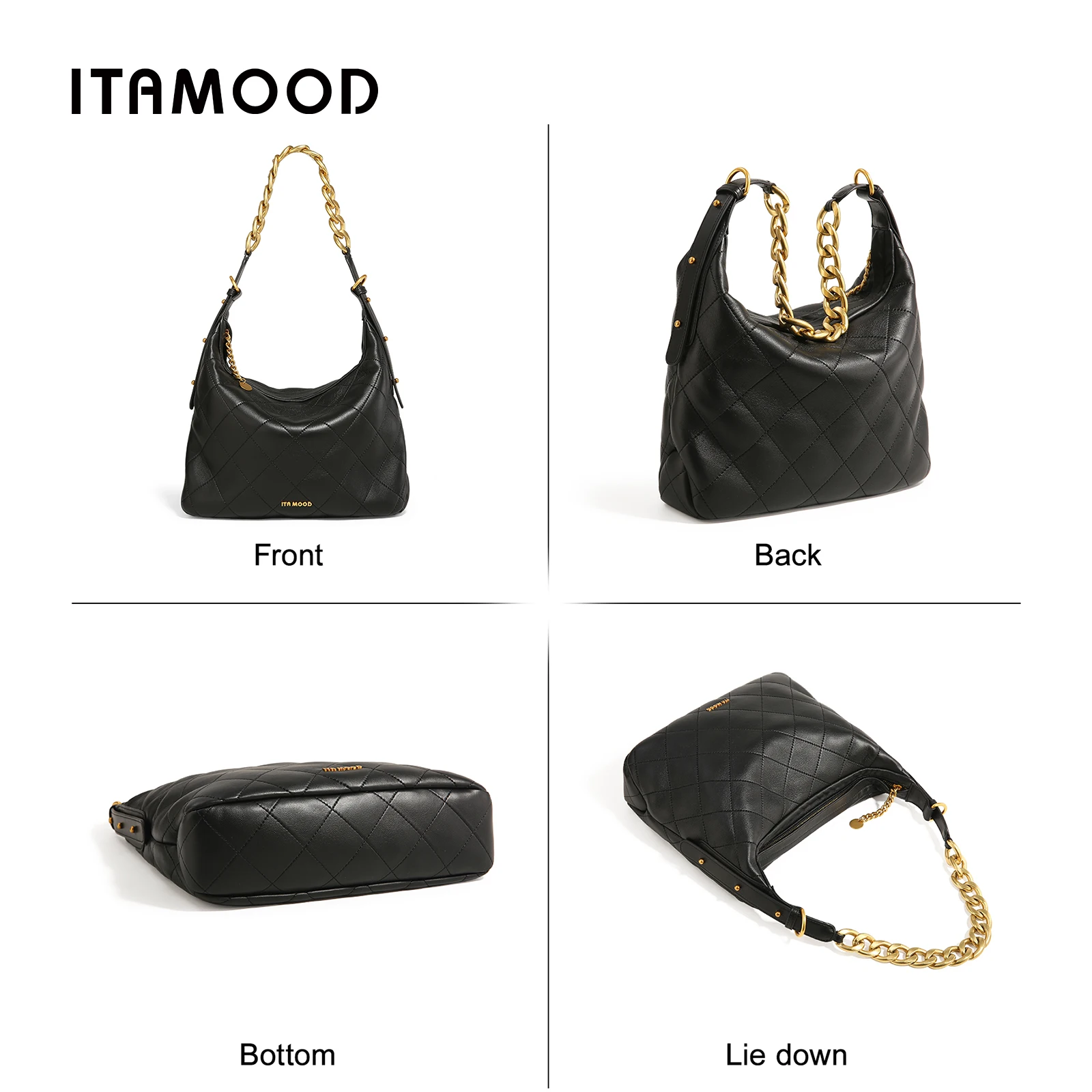 ITAMOOD Genuine Leather Shoulder Bag Luxury Branded and Quilted Tote Bag With Gold Color Chain Strap Large Capacity Handbag