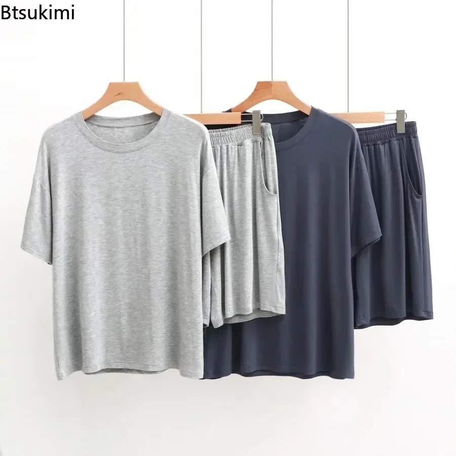 

New 2026 Men's Summer Modal Pajamas Sets Casual Short Sleeve Tops and Shorts Sets Home Wear Loungewear Loose Nightwear Home Suit