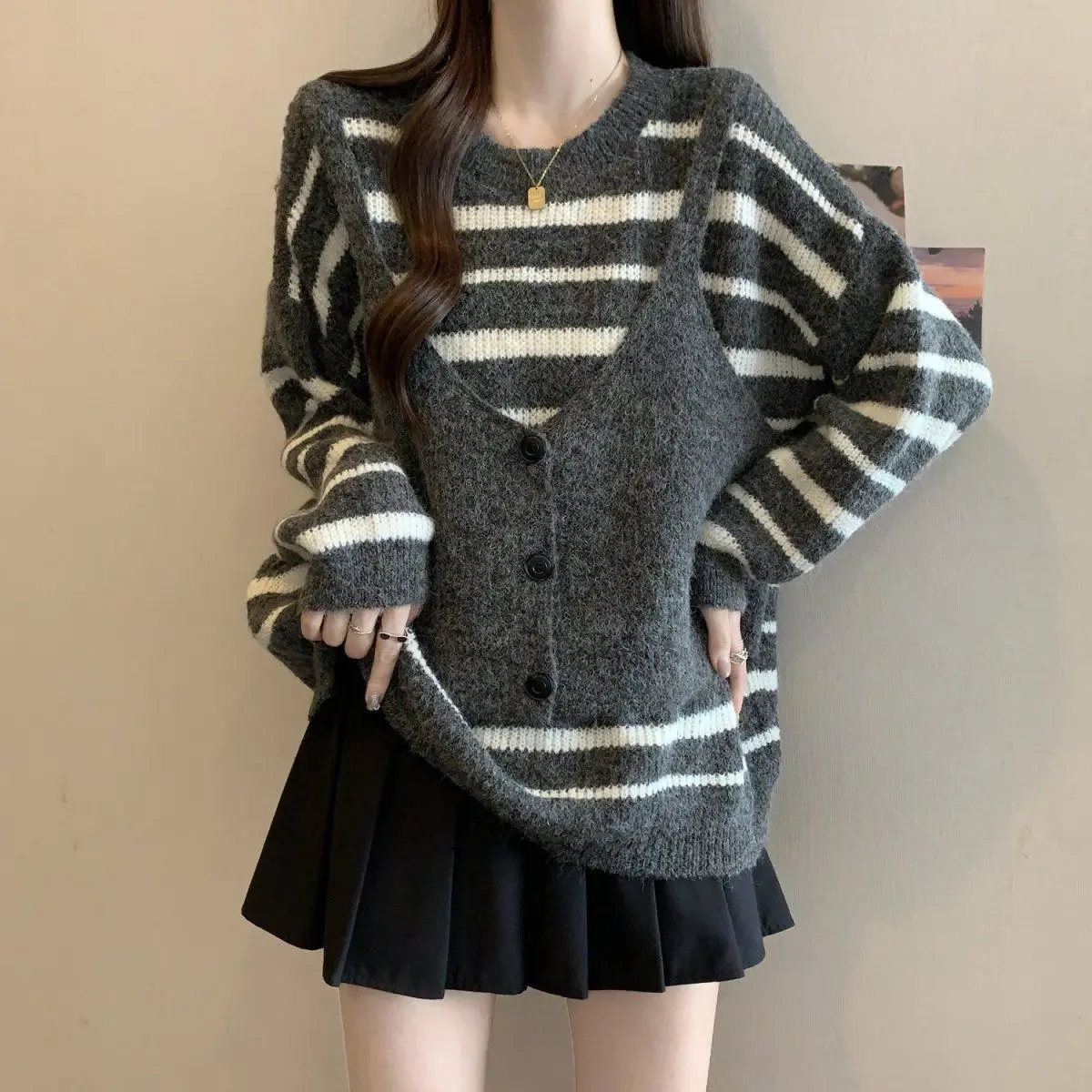 Fake Two-Piece Sweater Gray Striped Female Winter New Plus Size Slim Fashion Chic Joker Top Niche Design Sense